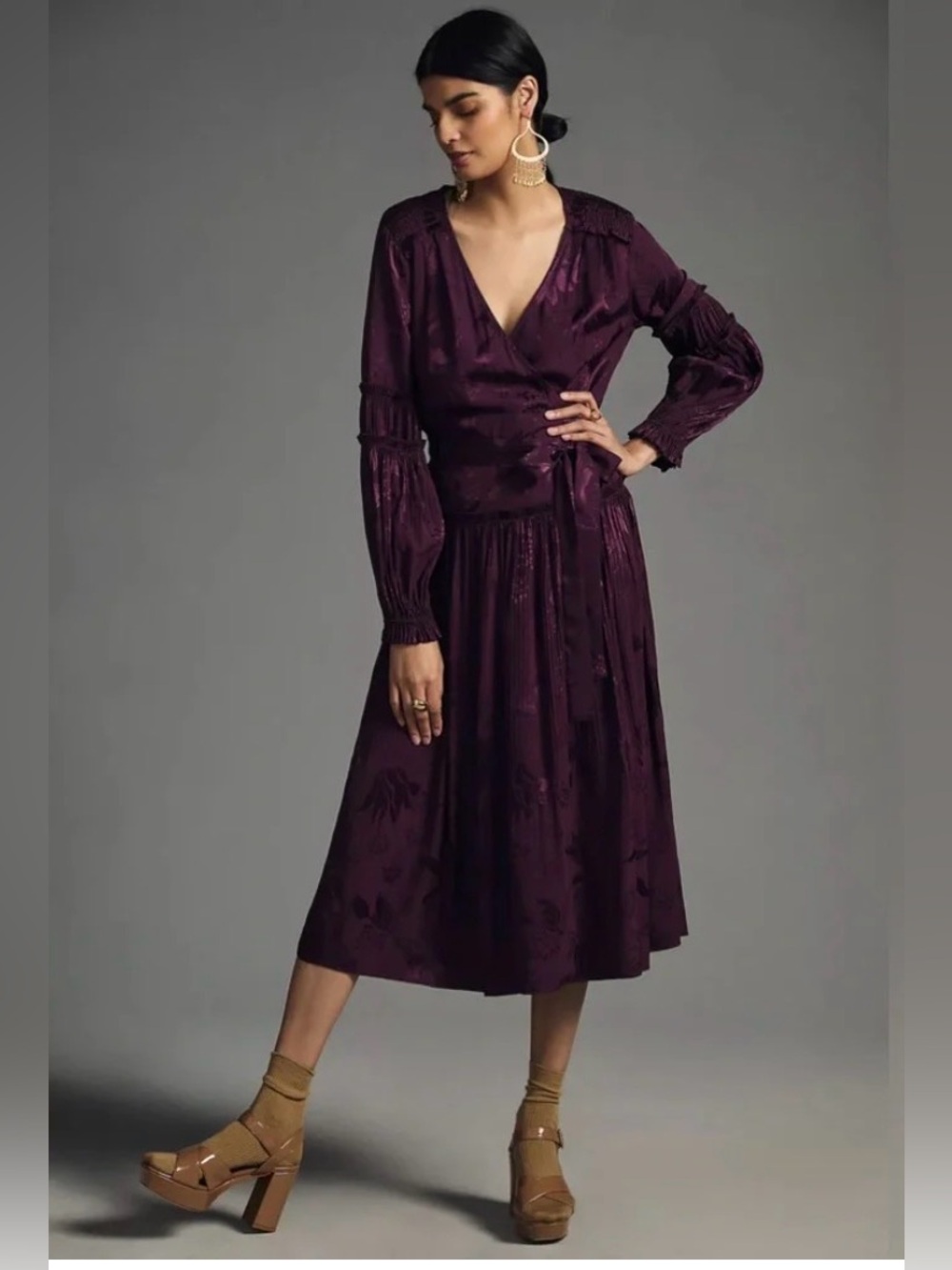 Anthropologie x Current Air Floral Jacquard Wrap Midi Dress Plum | Size M